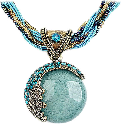 Harlorki Retro Boho Twist Rope Turquoise Pendant Necklace