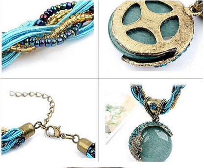 Harlorki Retro Boho Twist Rope Turquoise Pendant Necklace